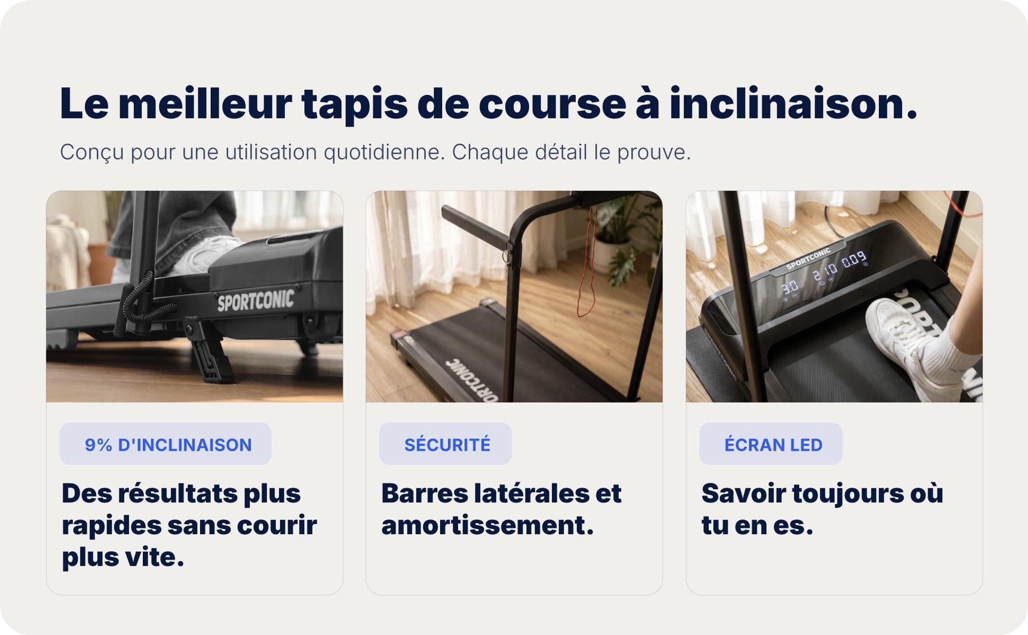 Sportconic Tapis de Course Électrique 12 km/h, Walking Pad Pliable Maison Bureau, Inclinaison 9%, Écran LED, Support Tablette