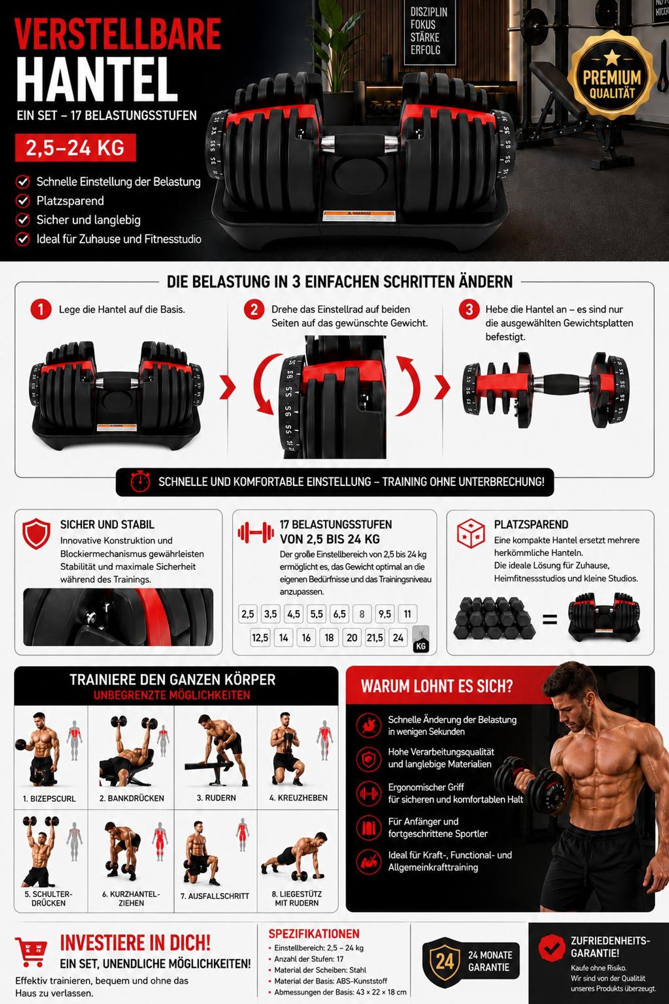 Verstellbare Hantel 2,5–24 kg | 15 Gewichtsstufen | Hantelset für das Heimtraining