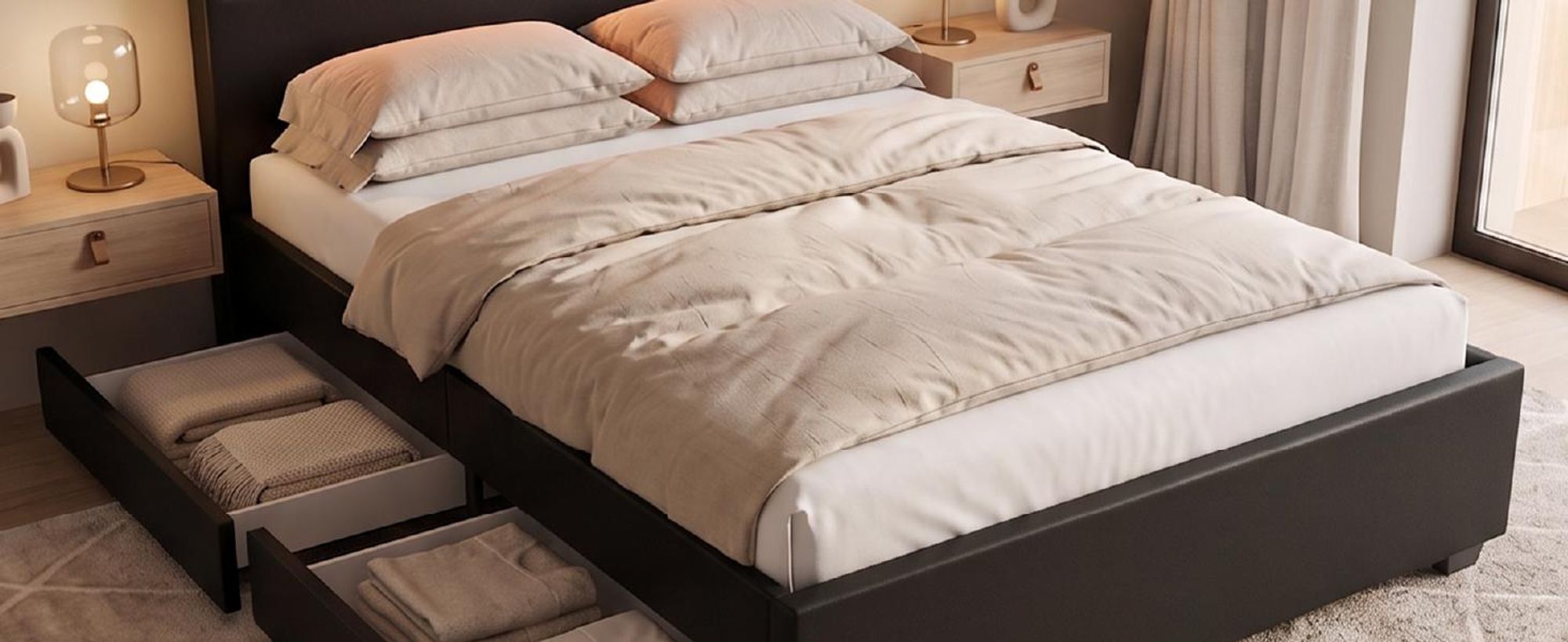 Juskys Polsterbett Lyon 140 x 200 cm schwarz – Bettgestell mit Lattenrost, Bettkasten & LED Beleuchtung  – Kunstleder & Holz – Bett Jugendbett