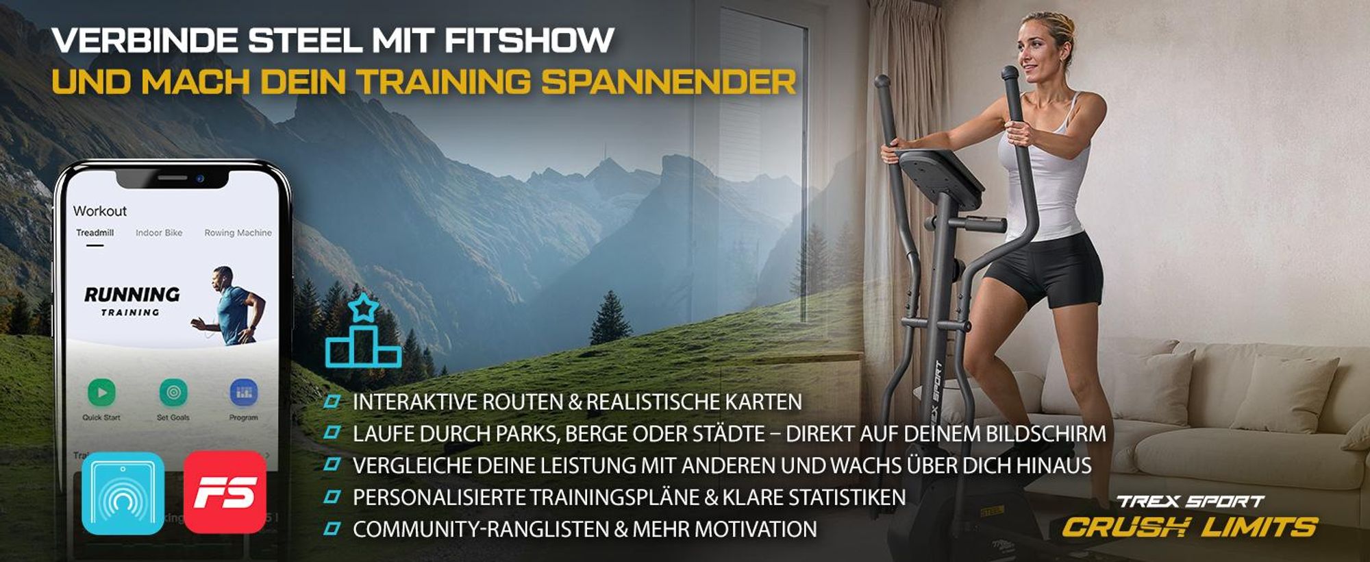 TREX SPORT Crosstrainer für zuhause TX-700CT STEEL | Ellipsentrainer, 14-stufiger Widerstand, Pulssensoren, Bluetooth | Trainingsprogramme, bis 125 kg