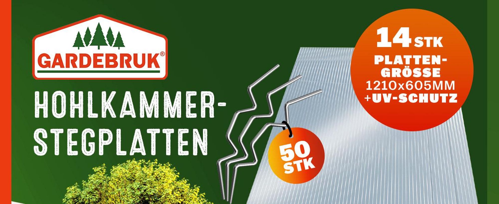 GARDEBRUK® 14x Polycarbonat Hohlkammerstegplatten 4mm 50x Edelstahl Gewächshausklammern 10,25 m² Doppelstegplatte 1210x605 Stegplatte Gewächshausplatte