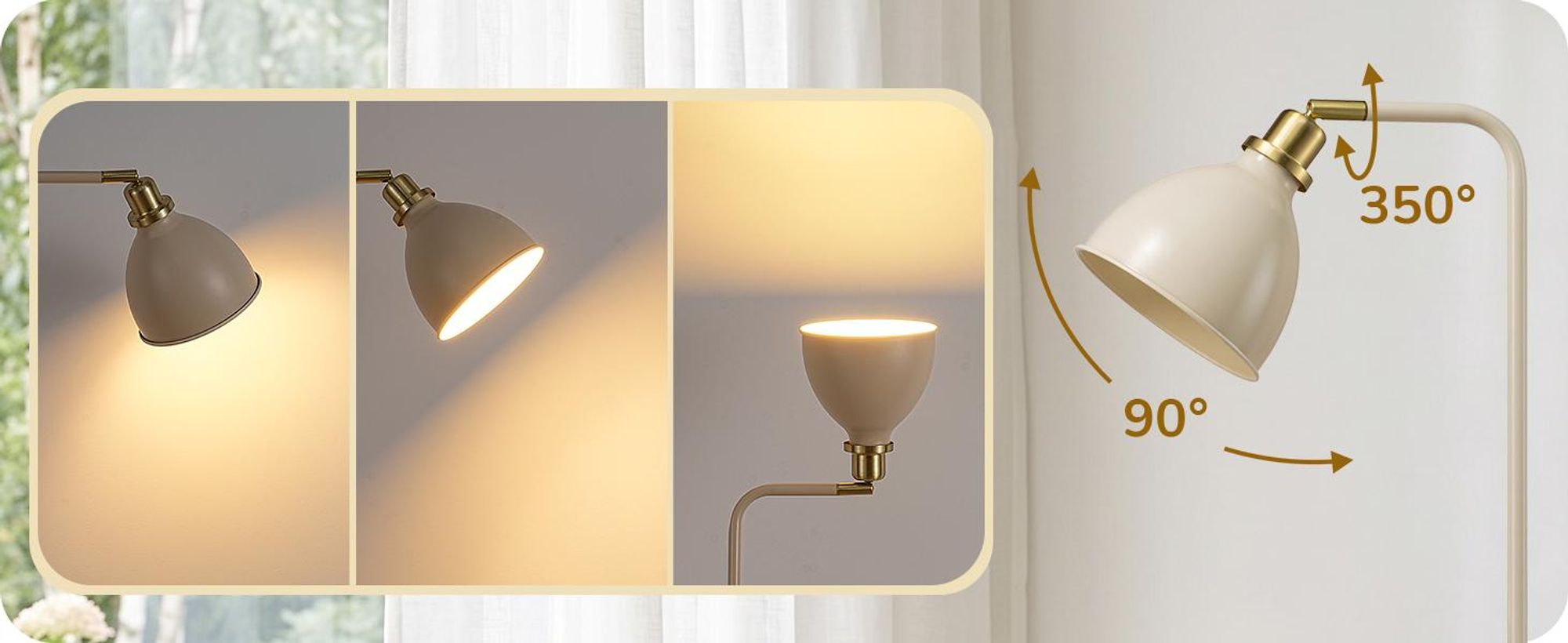 EDISHINE Stehlampe Industriell, Verstellbarer Kopf, Inkl. LED, Cremeweiß mit Metall-Lampenschirm, E27-Fassung, 2700 K Warmweiß, Leselampe