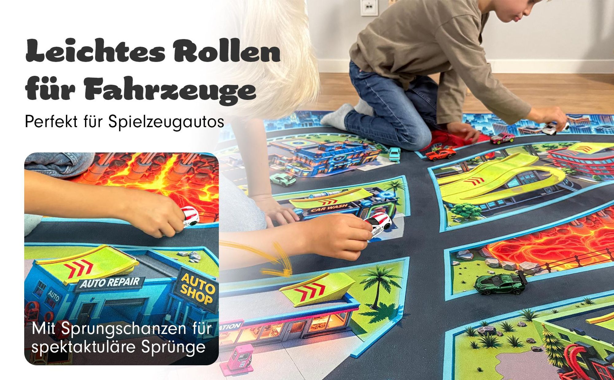 SkippiDoo Straßenteppich – Monster City XL – Spielteppich 200 x 140 cm, Autoteppich mit Breiten Straßen & großen Parkplätzen, Rutschfest
