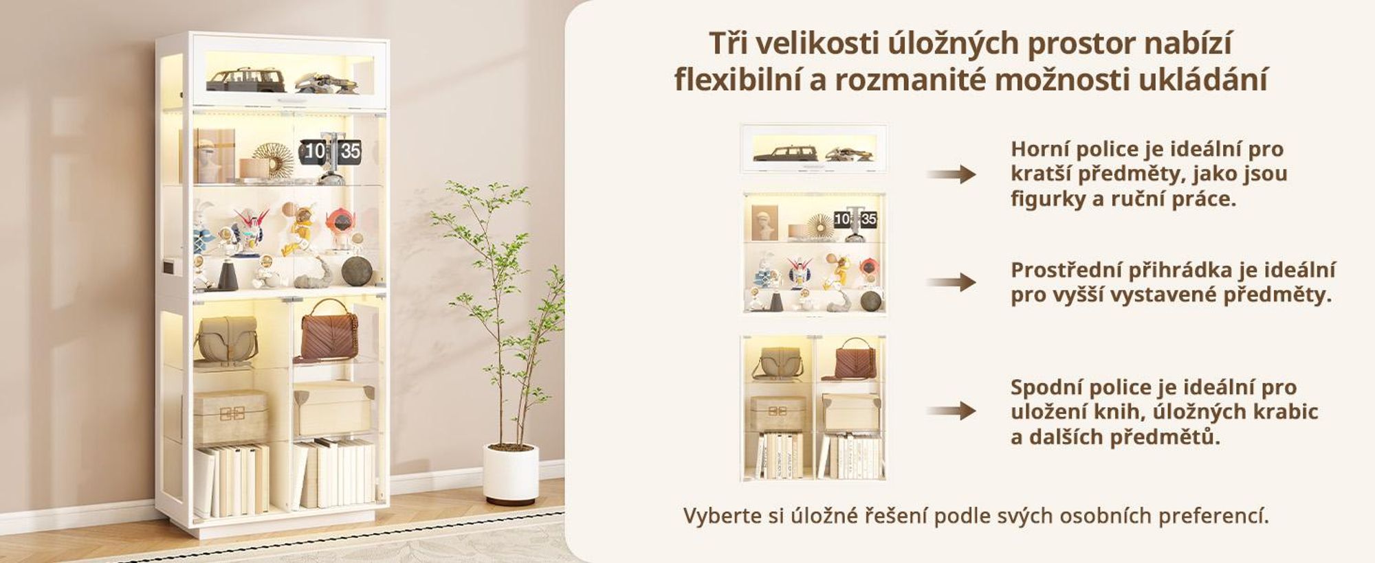 Skleněná vitrína Puluomis s osvětlením ve 3 barvách a senzorem, bezúchytková vitrínová skříň, rozměry 80 x 35 x 180 cm, vhodná pro vystavení v obývacím pokoji nebo ložnici