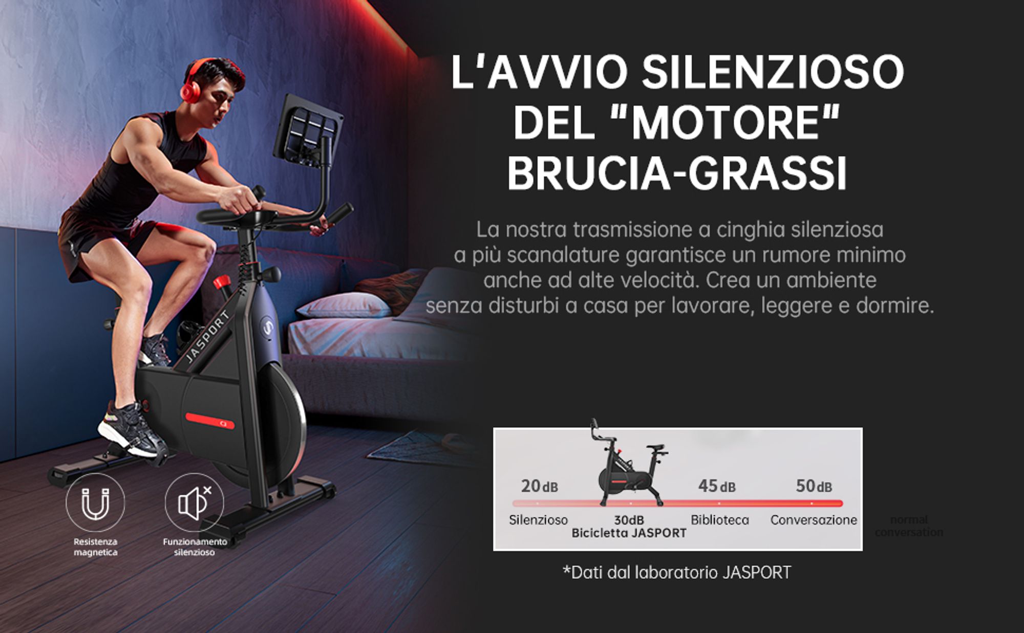JASPORT C3 – cyclette smart da casa, resistenza magnetica, silenziosa, volano 7,5kg, app con corsi video on demand