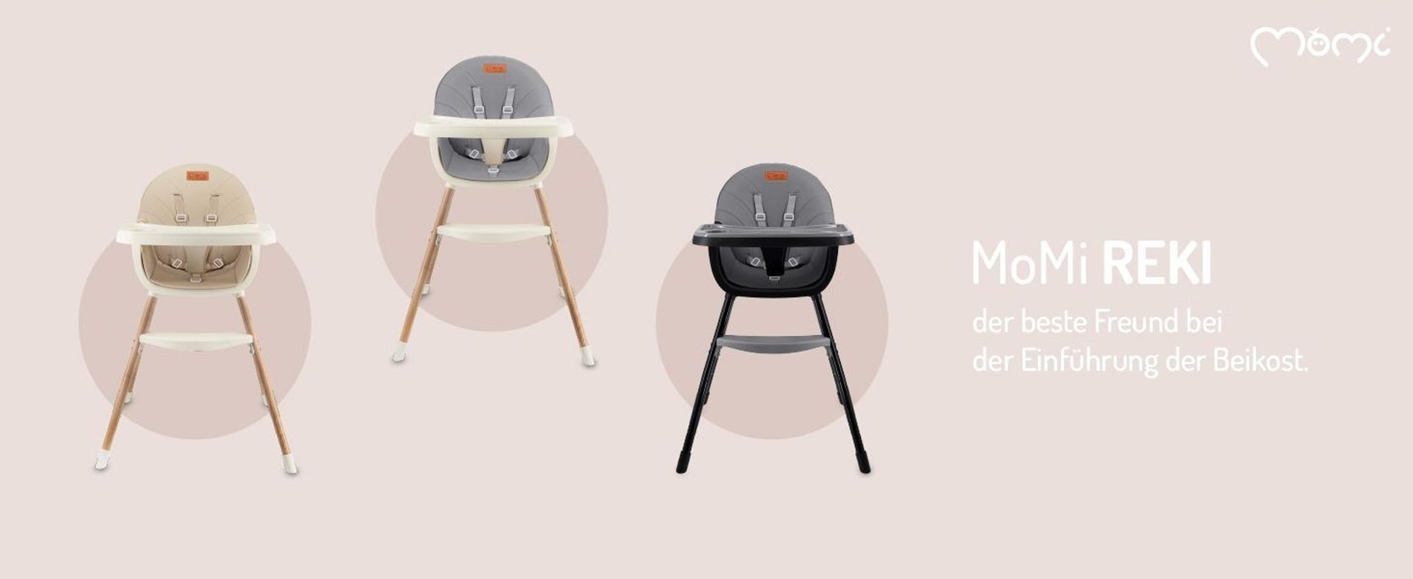 MoMi REKI – Evolutiver Baby Hochstuhl mit 2 Sitzpositionen & spülmaschinenfester Tablett, 6–36 Monate, bis 20 kg – Beige