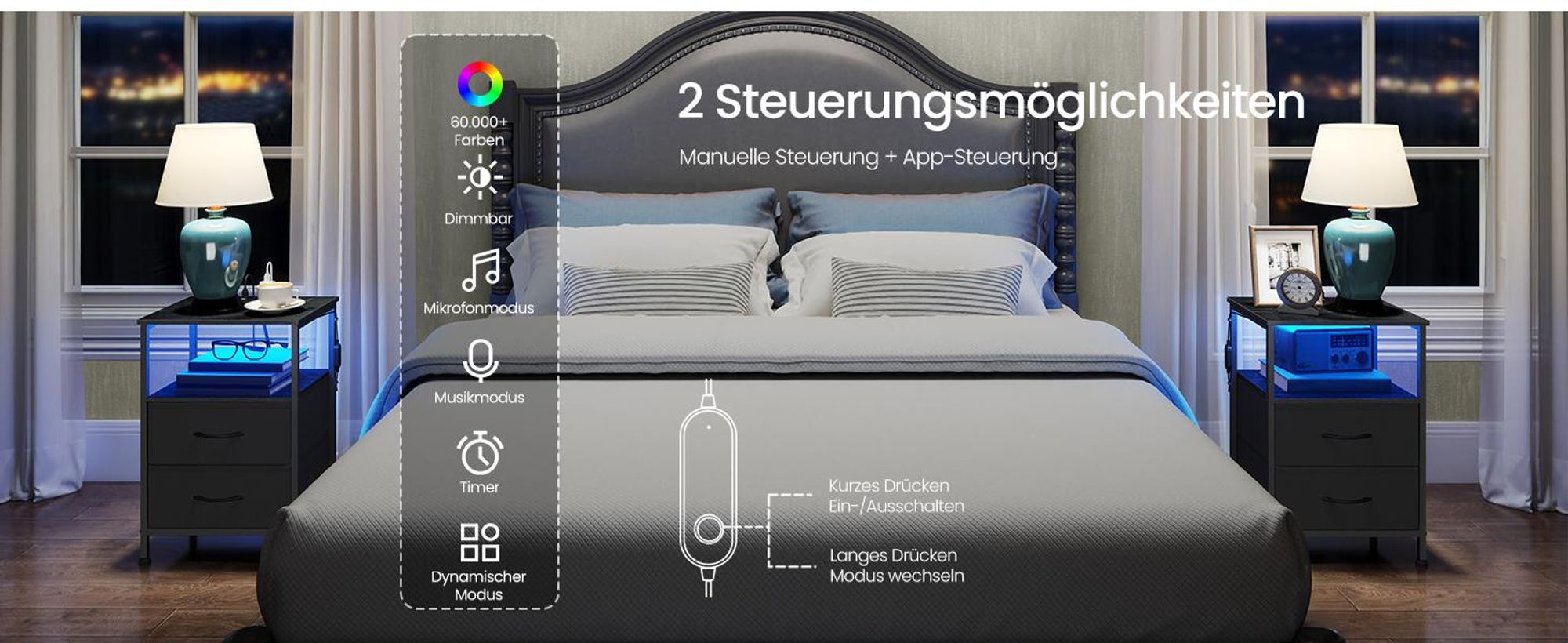 SONGMICS Nachttisch mit LED-Beleuchtung und Ladestation, 2er Set, Nachttisch mit 2 Schubladen und offenem Fach, schwarz