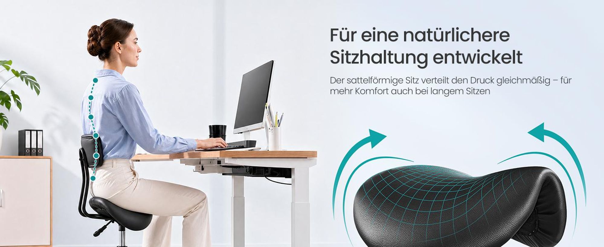SONGMICS Sattelhocker, Ergonomischer Rollhocker aus Kunstleder, Höhenverstellbar, 56 x 56 x 68,5-82,5 cm, Schwarz