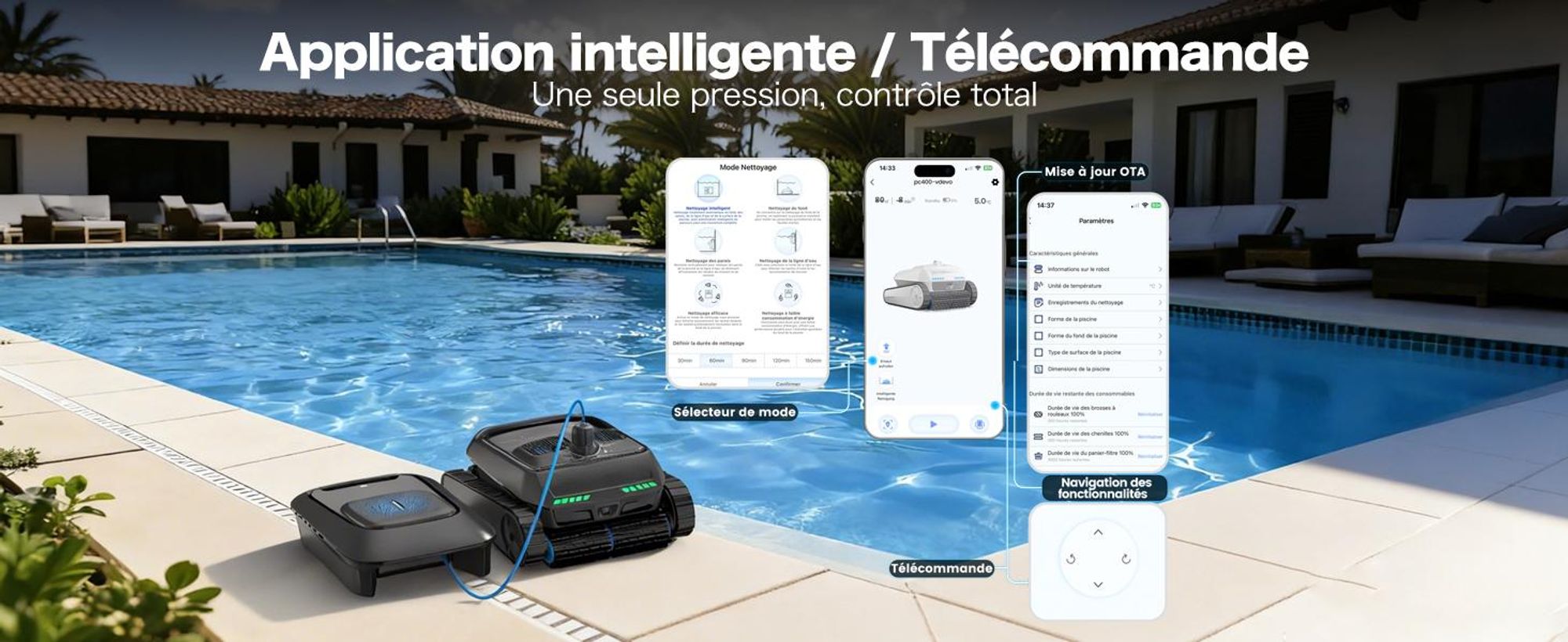 Robot de piscine AIRROBO CP400, navigation intelligente, fonction d'auto-stationnement, nettoyage tout-en-un de la surface de l'eau, du fond, des parois et de la ligne d'eau