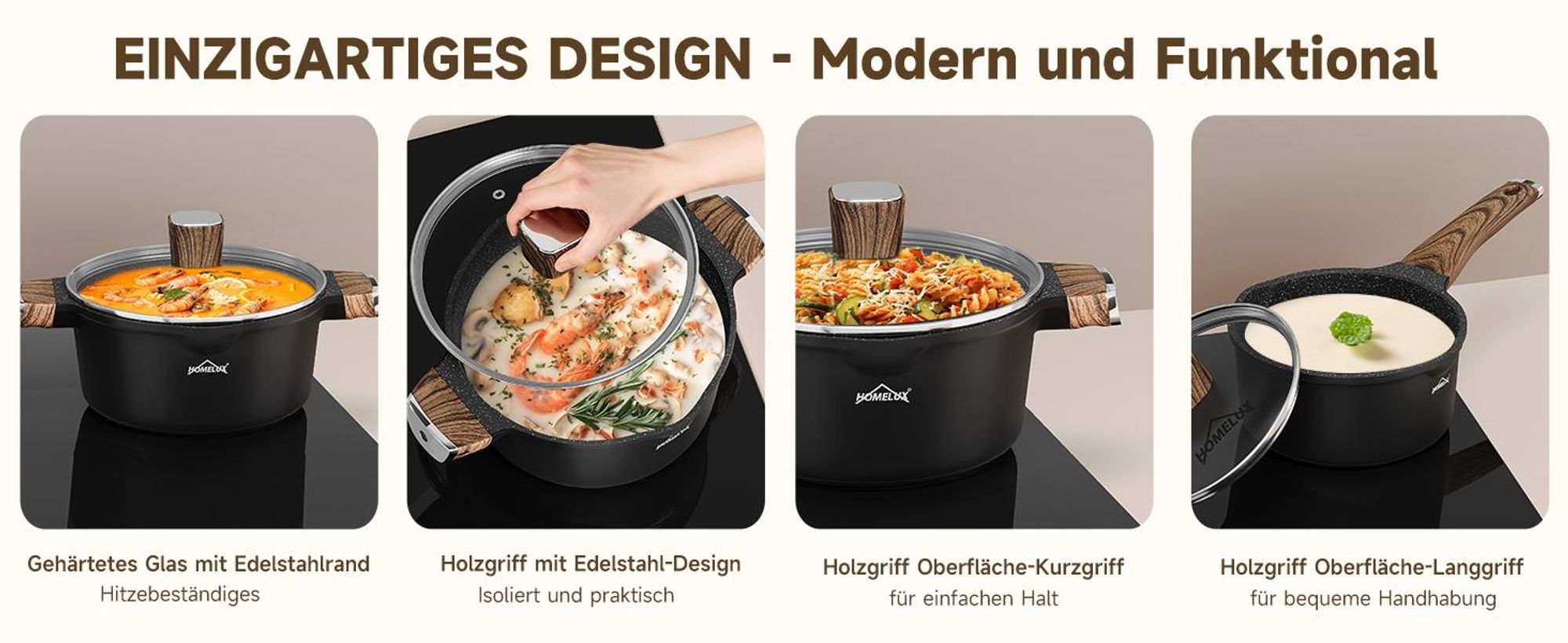 8-TLG Topfset Induktion mit Antihaftbeschichtung,Pfanne 24/28cm,Milchtopf 16cm,Kochtopf 24/28cm, für alle Herdarten,Holzmaserung