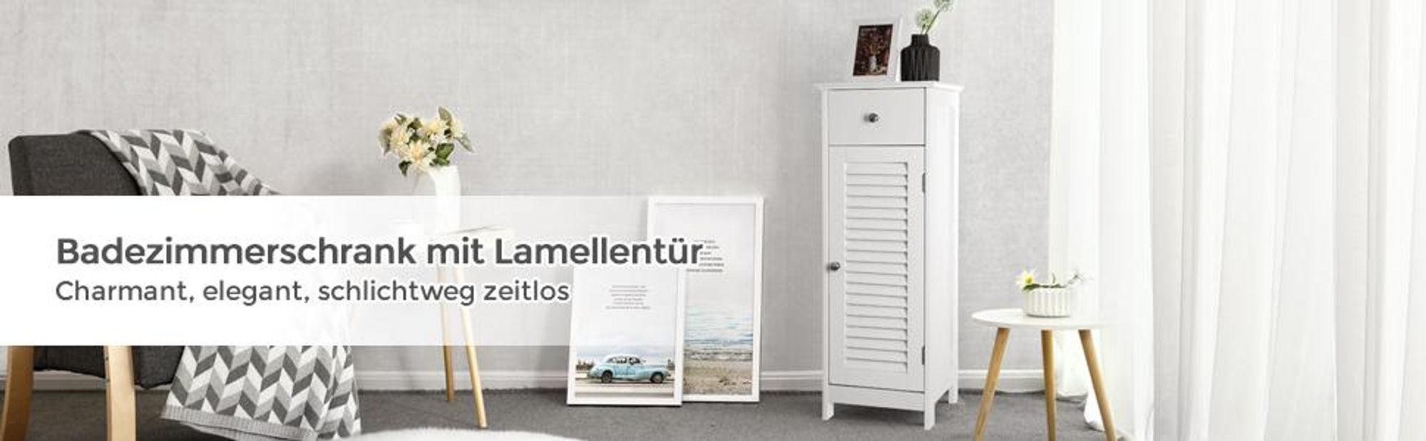 VASAGLE Hochschrank Holz mit Schublade, Badschrank mit Lamellentür weiß