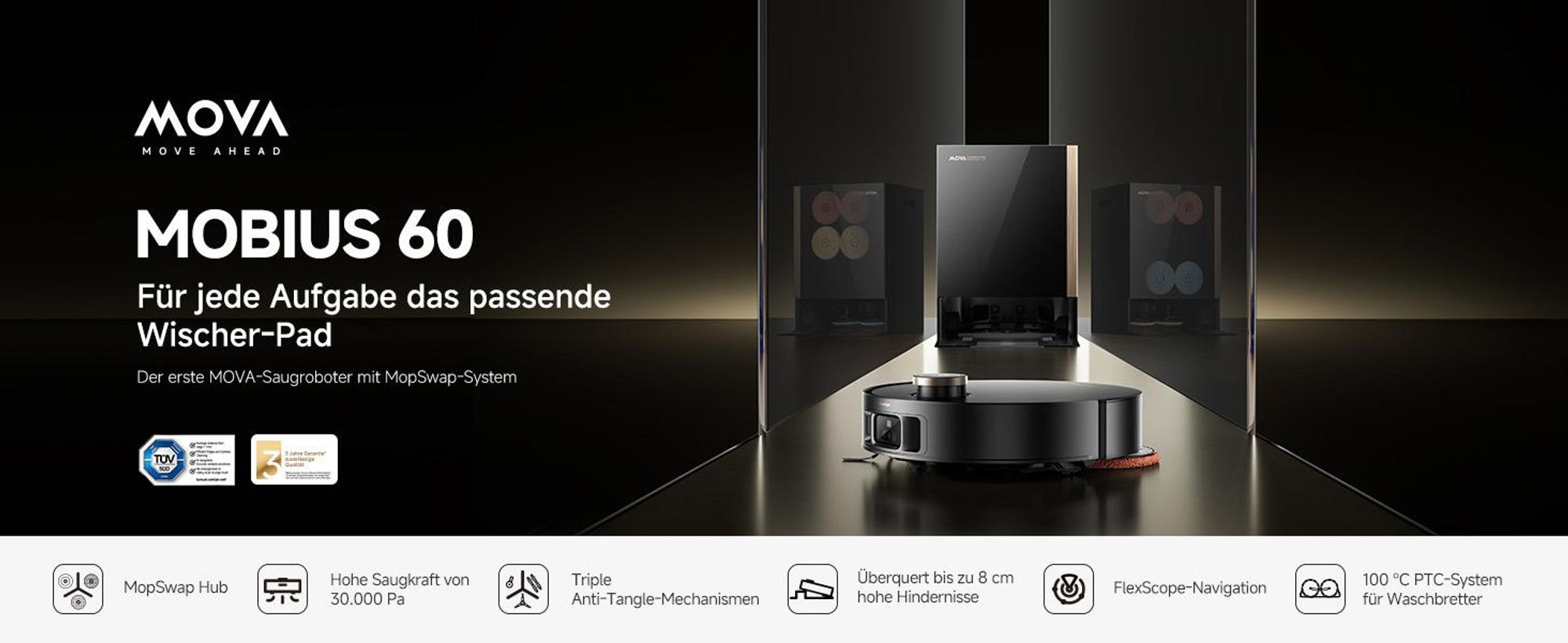 MOVA MOBIUS 60 Saugroboter – MopSwap™, 30.000 Pa, dynamisches Saugrückhaltesystem, 8 cm Hindernis, flexible Navigation, 100 °C PTC für Waschbretter
