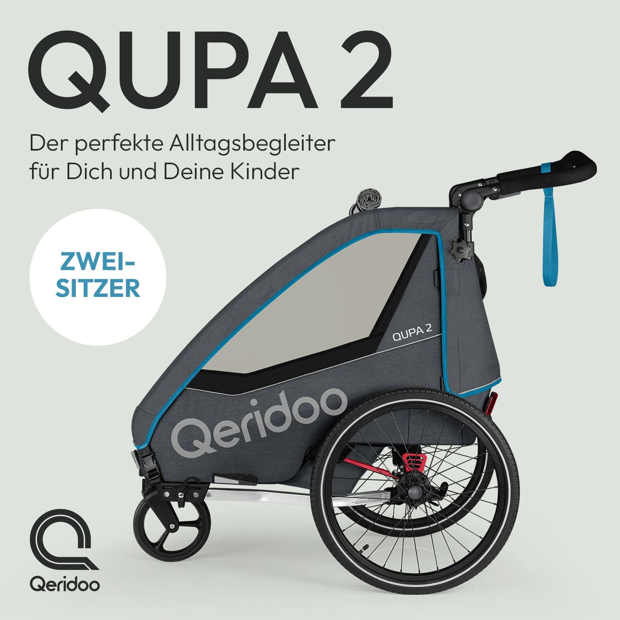 Qeridoo QUPA 2 - Kinderfahrradanhänger für 2 Kinder, Farbe: Blue