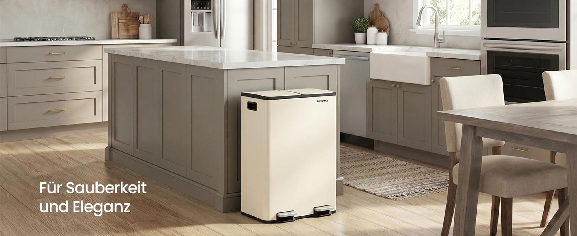 SONGMICS Mülleimer Küche, 2 x 30 Liter, 2 Fächer, Abfalleimer, Tretmülleimer, Softclose-Deckel, Stahl, creme