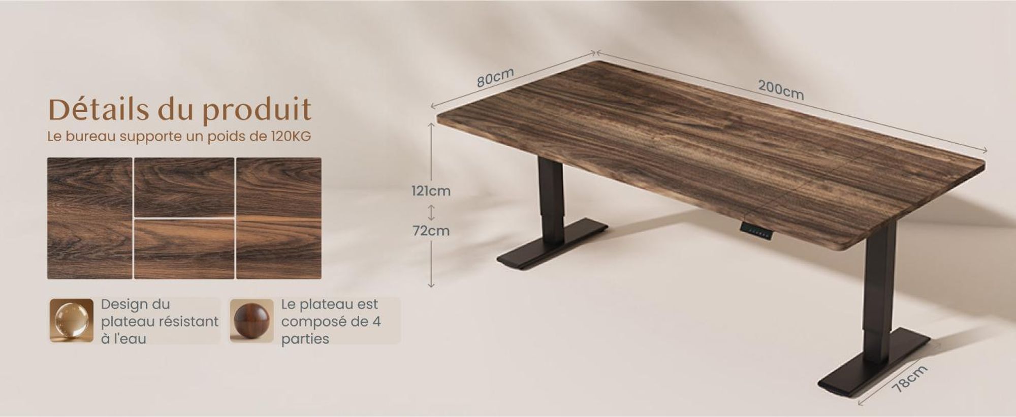 Bureau réglable en hauteur FLEXISPOT QB2 Électrique 200 x 80 cm, 2 MOTEURS PUISSANTS, capacité de charge 120 kg, protection anti-collision, 4 fonctions mémoire (marron)