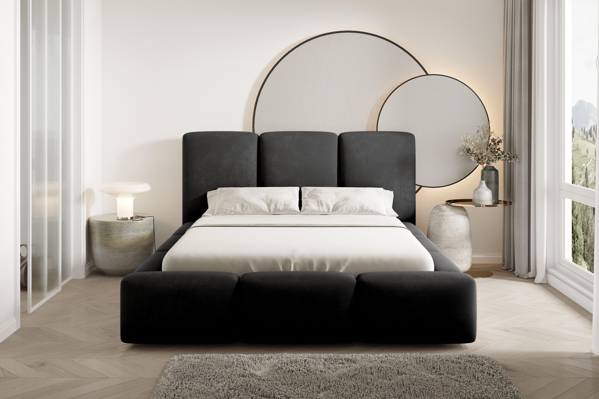 Polsterbett BUBBLE 200x200 cm Schwarz, Veloursbett Velluto 20, Bett mit Bettkasten, Metall-Lattenrost
