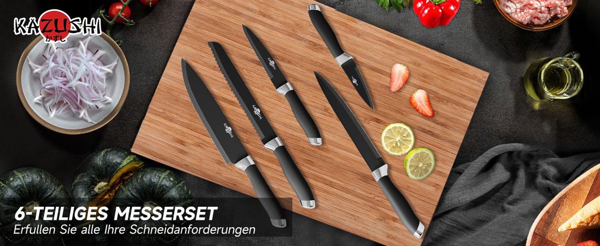 KAZUSHI Messerblock mit Messer 6-teilig, Scharfe Küchenmesser, Profi Messerset mit Block, Edelstahl Messer Set - Schwarz (KA-KN62)