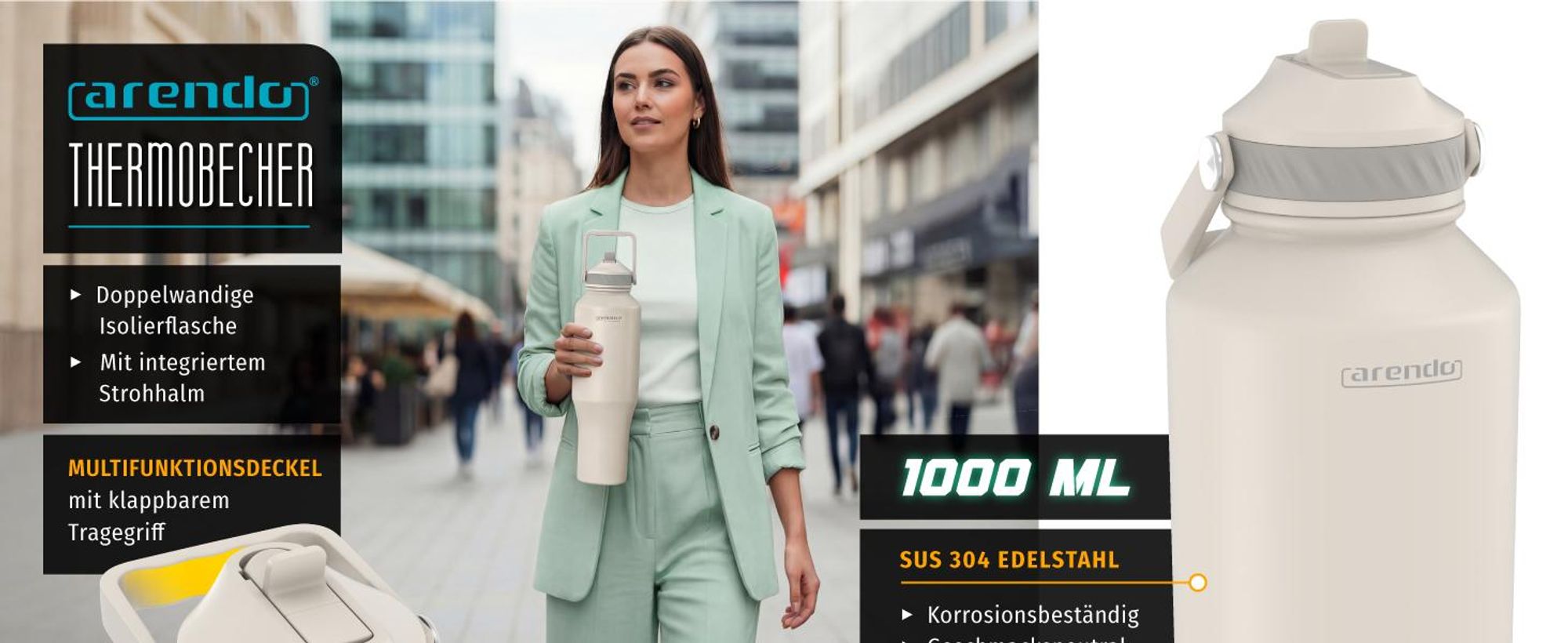 Arendo Thermobecher 1000 ml beige, Doppelwandig mit Strohhalm und Tragegriff