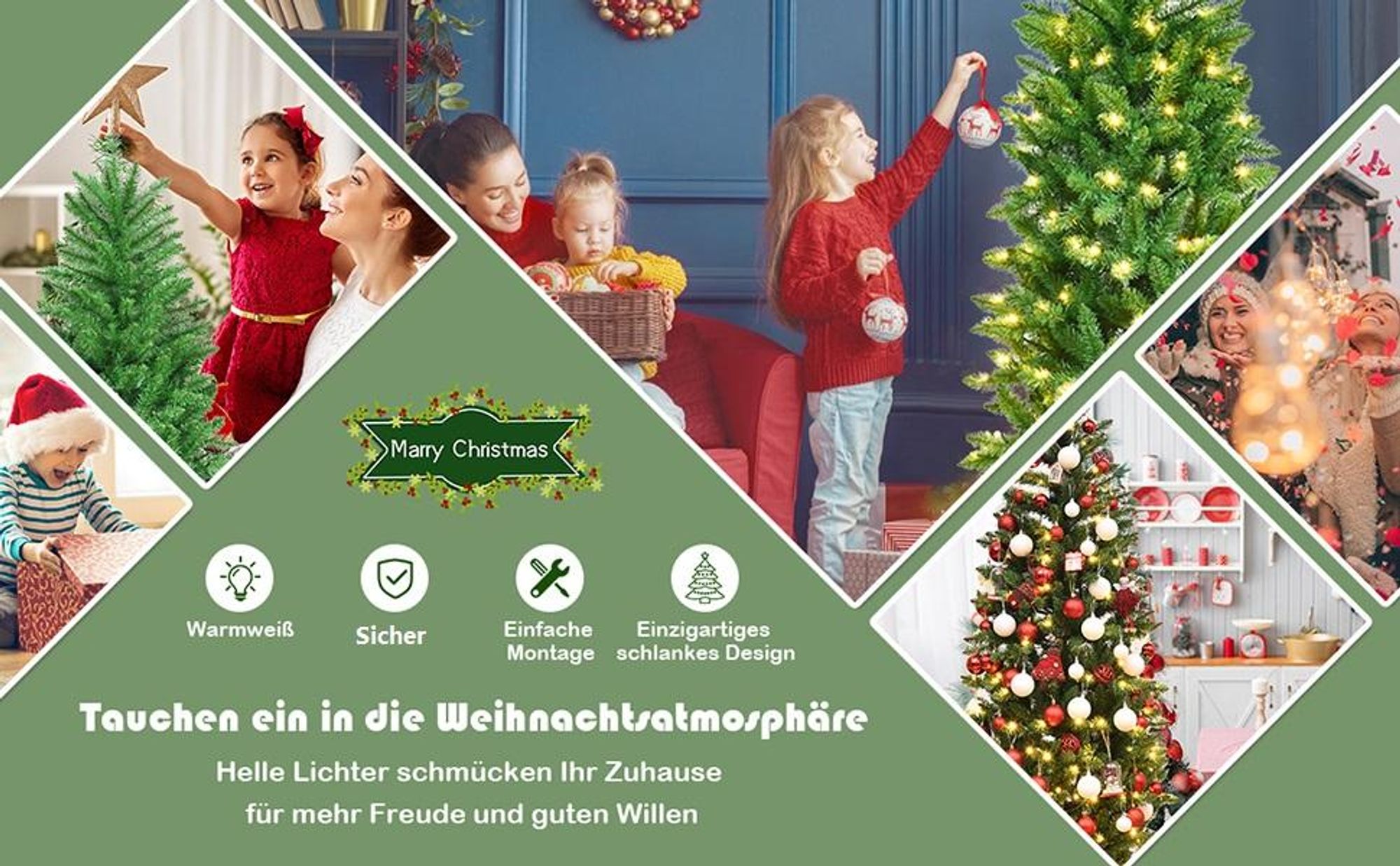 COSTWAY 150cm Bleistift Weihnachtsbaum mit warmweißen LED-Leuchten, künstlicher Tannenbaum mit Klappsystem und Metallständer, Christbaum PVC Nadeln, Kunstbaum Weihnachten Grün