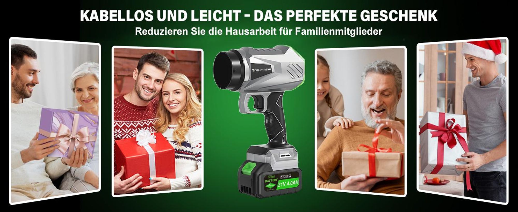 Akku Laubbläser, Handgebläse mit Turbostrahl 65m/s, 400CFM, Bürstenloser Motor, 2×4000mAh Akku, Leicht, Kabellos, Garten, Terrasse, Autoreinigung