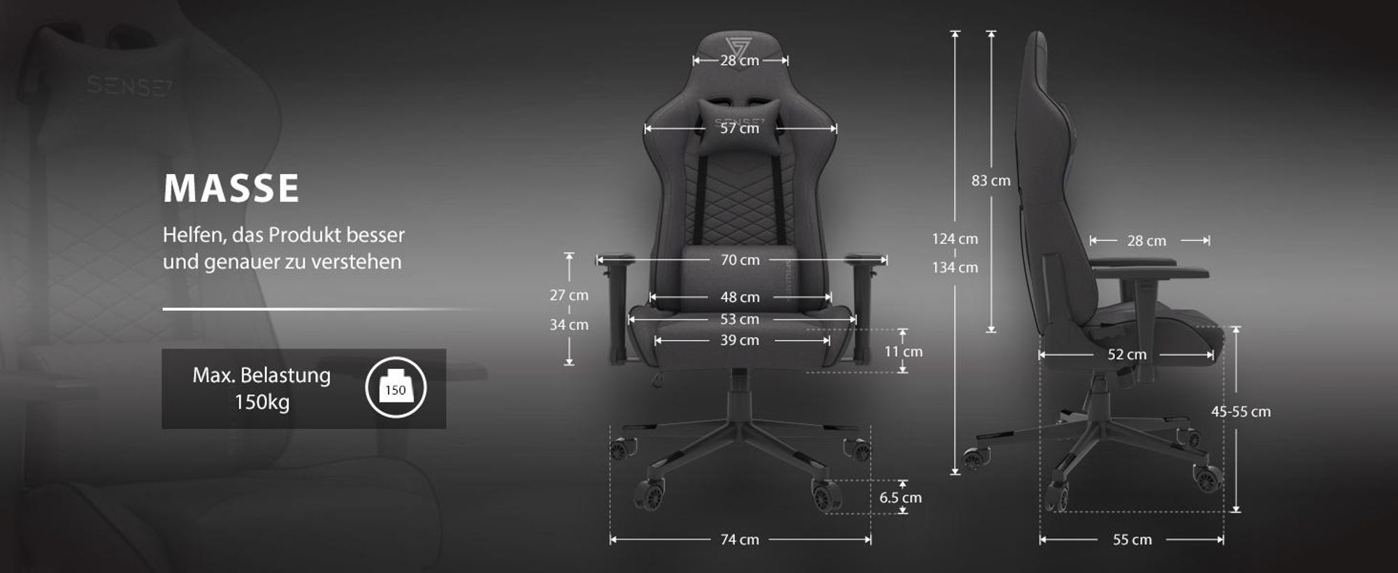 SENSE7 Spellcaster Gaming Stuhl aus Stoff Schwarz - Ergonomischer Bürostuhl PC Schreibtischstuhl Gamer Sessel 150kg 2D-Armlehnen 160° Neigung