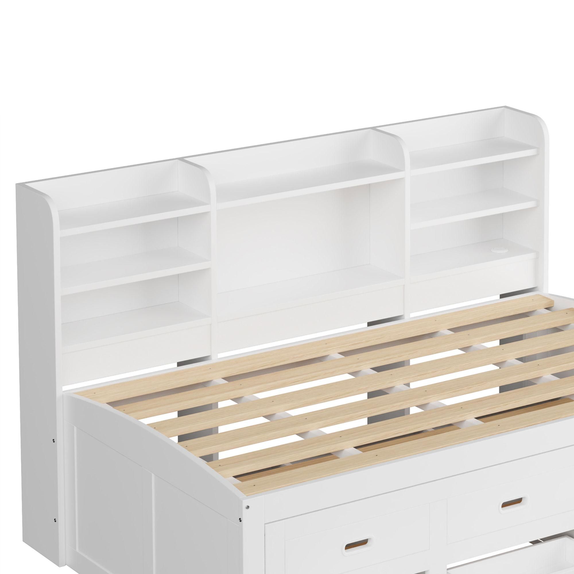 Merax Tagesbett 90x200cm mit Ausziehbett, Schlafsofa mit LED, 3 Schubladen, Regal, USB+Type-C, Daybett, Einzelbett, Weiß