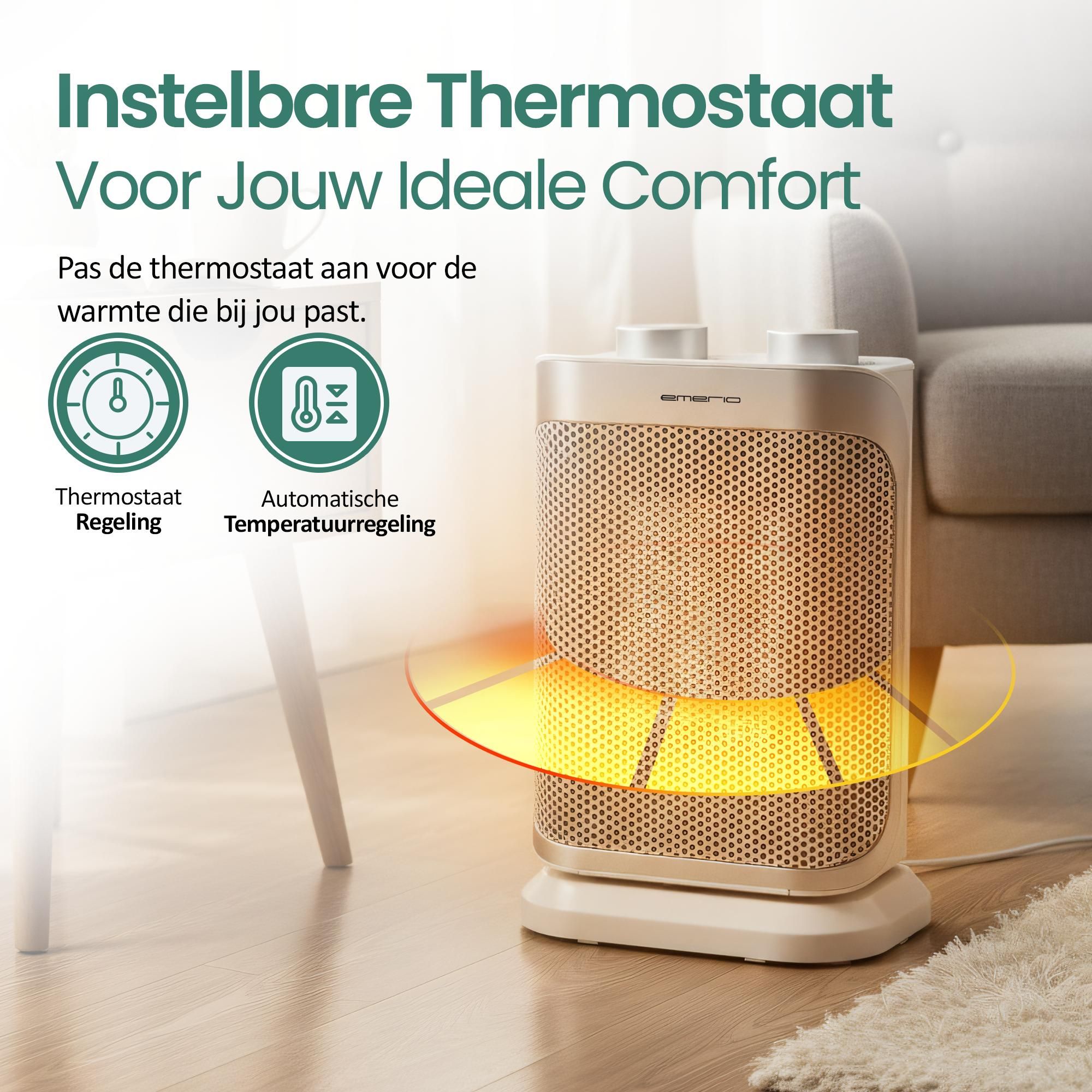 Emerio PTC-Ventilatorkachel – 15 m² – IP21 – 2 Standen – Instelbare Thermostaat – Oscillatiefunctie – Omvalbeveiliging – FH-110691.4