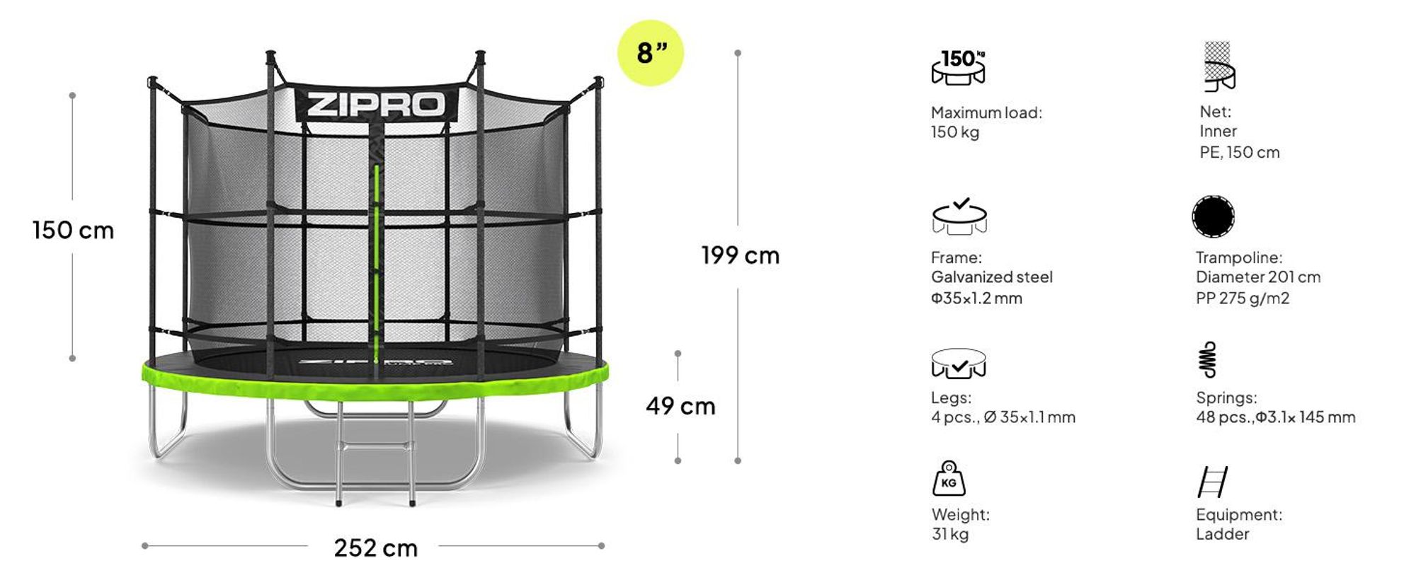 ZIPRO trampolína Jump Pro IN | 8FT Ø 252 cm | Záhradná trampolína Detská trampolína Kompletná sada vrátane vnútornej siete, rebríka a krytu okraja, vonkajšia, zelená