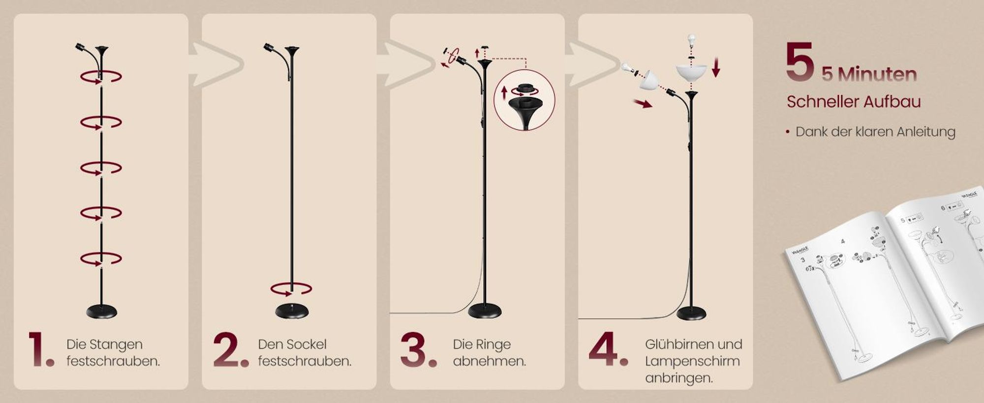 VASAGLE Deckenfluter Stehlampe mit Verstellbarer Leselampe 38,5 x 23,5 x 176 cm Schwarz