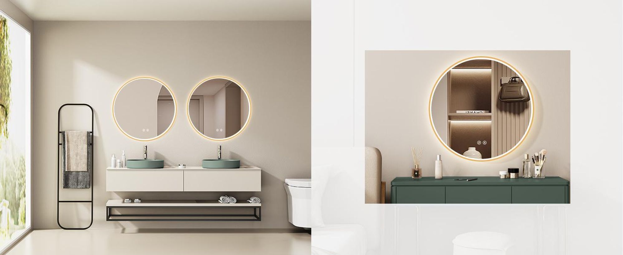 HOKOBadroom Specchio antiappannamento rotondo 60 cm con cornice+interruttore a sfioramento+cambio di luce Bianco caldo-bianco freddo-neutro La luce può essere accesa con l'interruttore a sfioramento e l'interruttore a parete