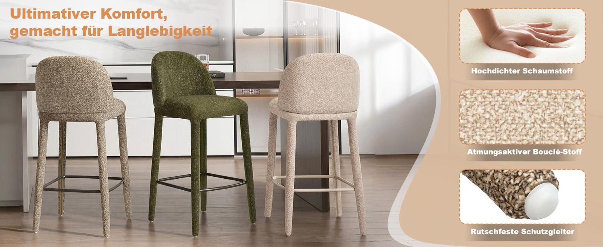 Duhome Barhocker 2er Set en Bouclé und Metall Barstuhl mit Pedal Polsterhocker Modern für Küche Esszimmer Bar Bistro, Grau