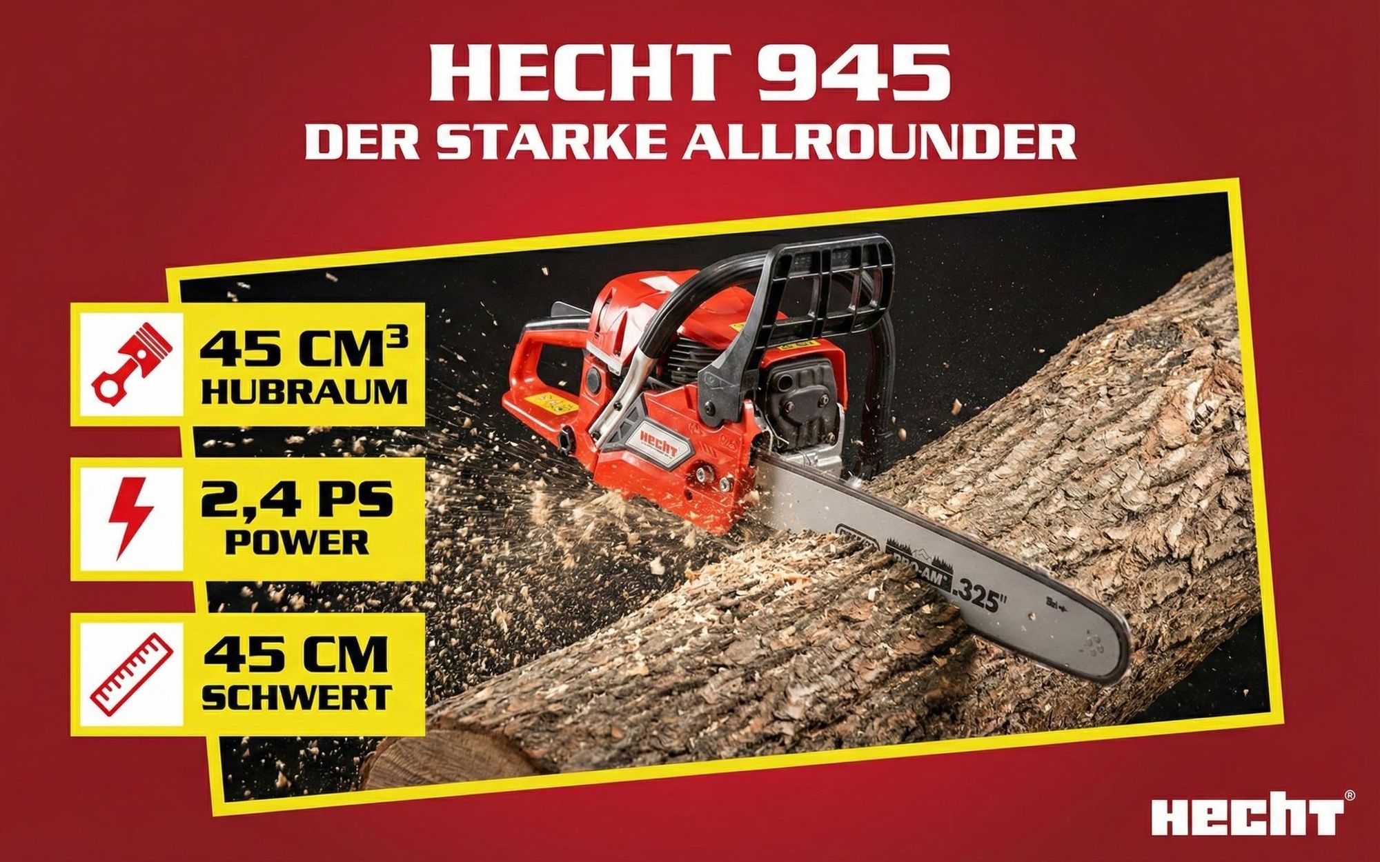 Kettensäge Motorsäge Benzin HECHT 945 | 45 cm Schwertlänge | 2,4 PS / 1,7 kW | 23 m/s | 5,6 kg