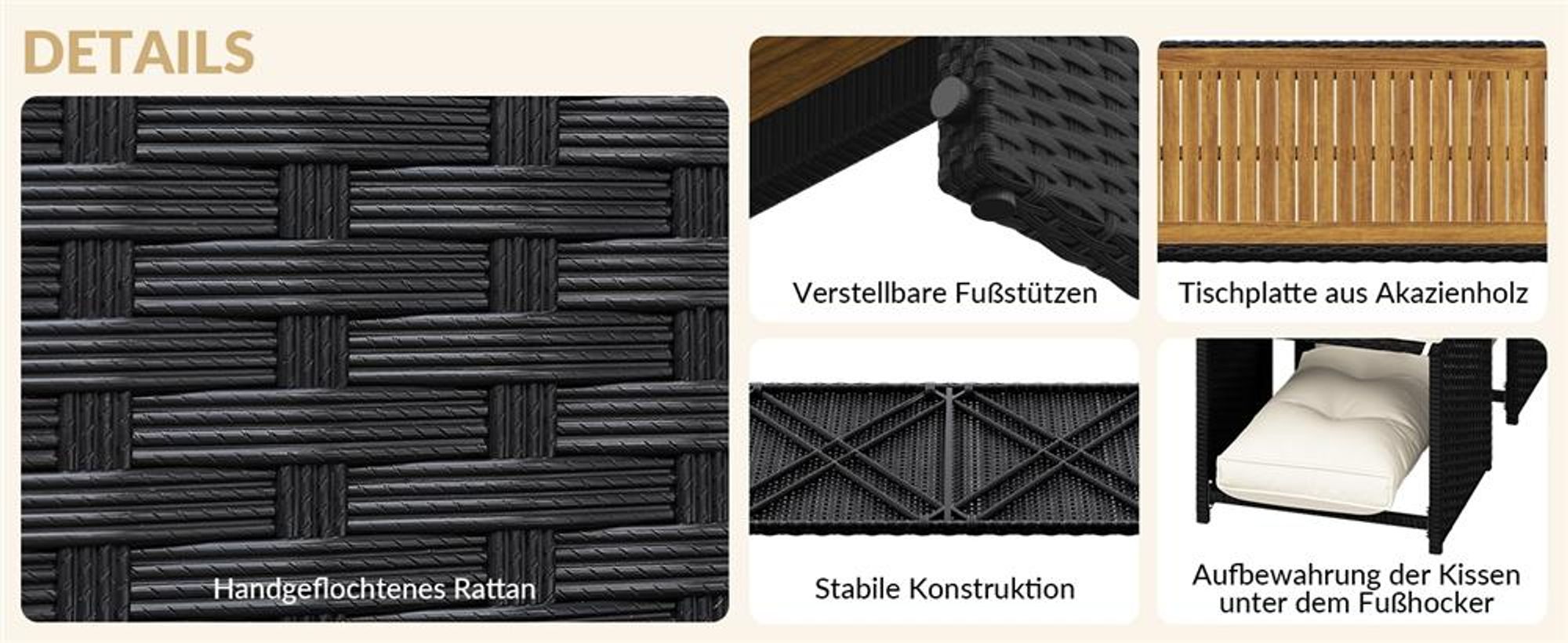 Yaheetech 2-in-1 Gartenmöbel Set aus Polyrattan, inkl. Sofa Tisch Hocker, modulare Sitzgruppe für Gartenlounge, Schwarz & Beige