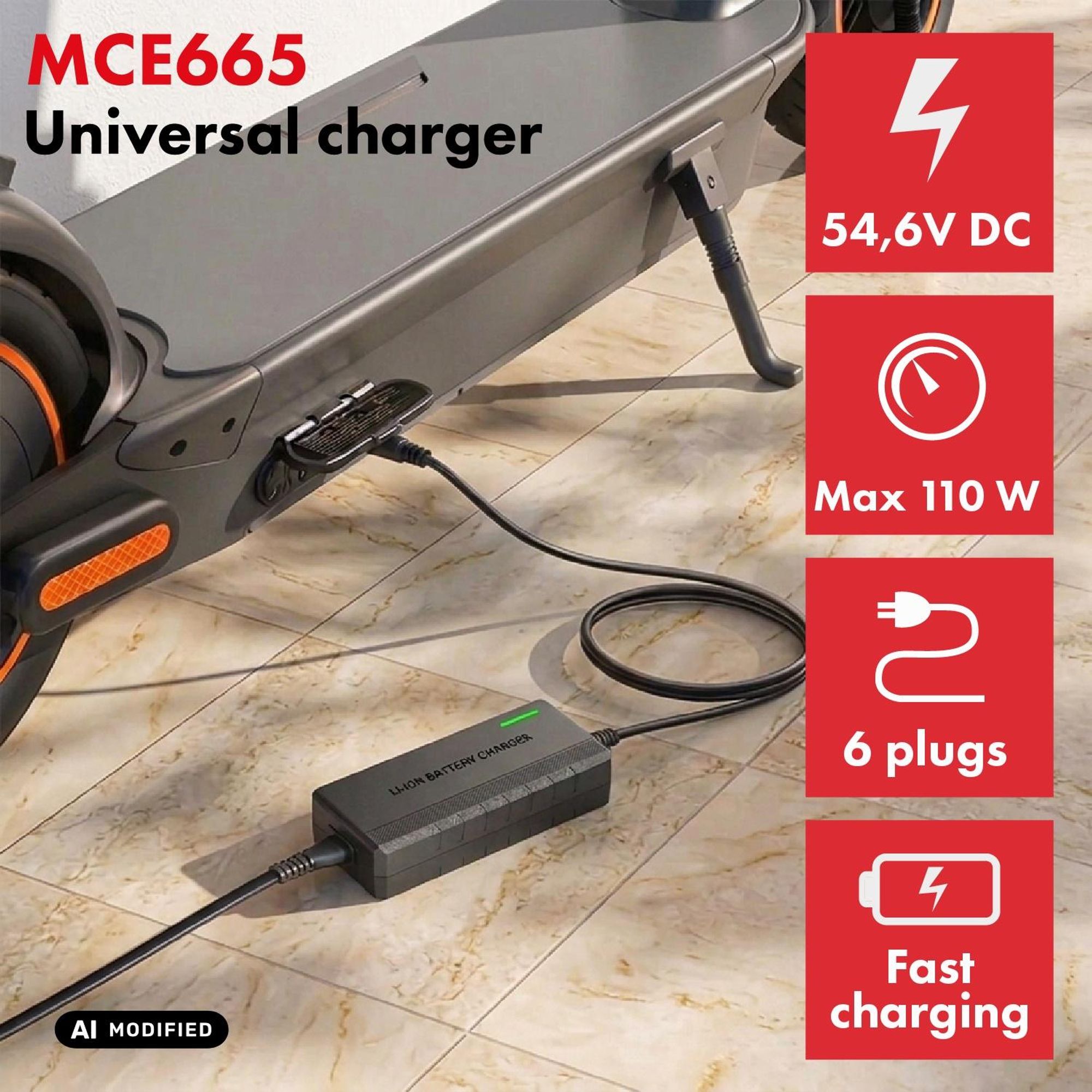 Universelles Ladegerät / Netzteil für E-Scooter 54,6 V DC 2 A, max. 110 W Schnellladung 6 Stecker MCE665 Maclean Energy