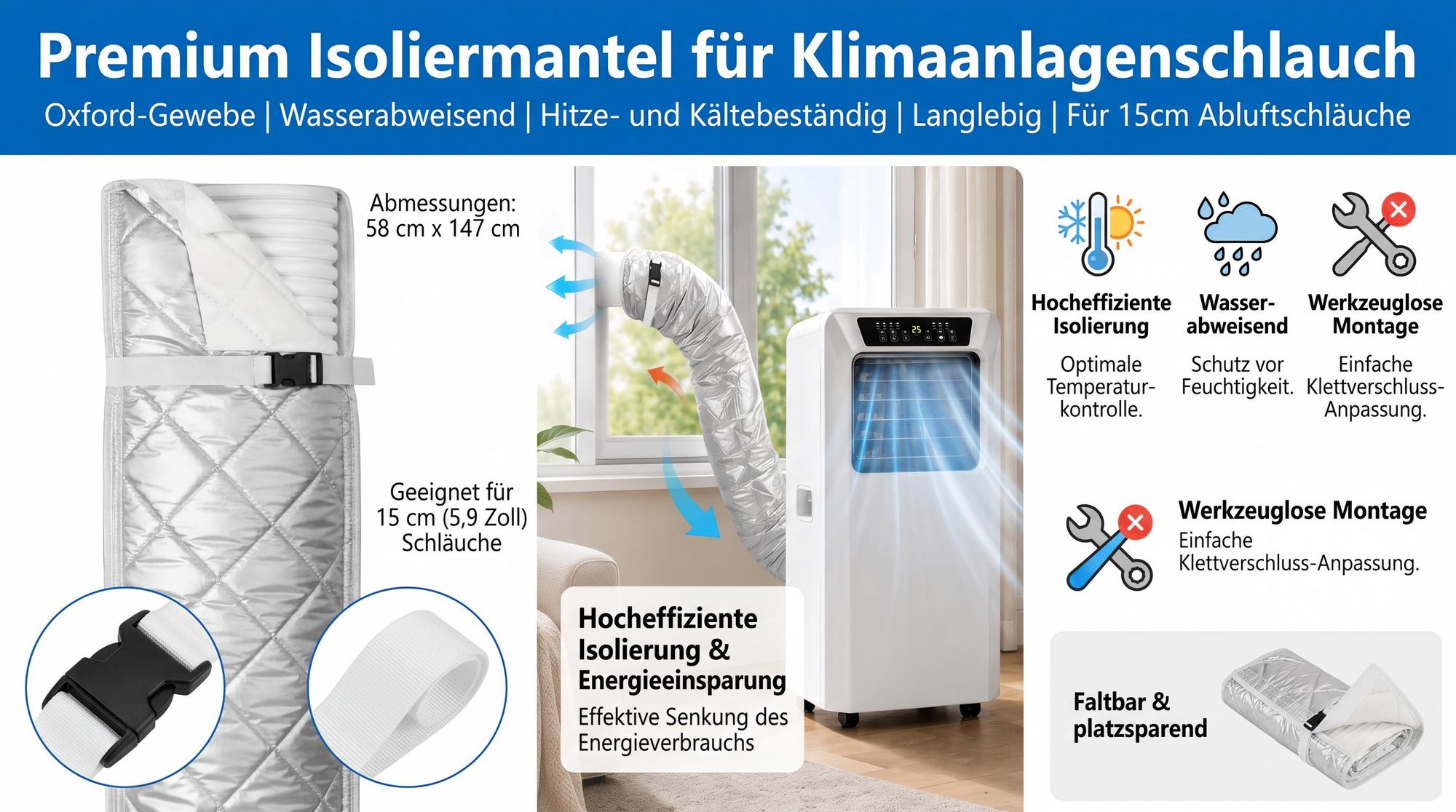 Premium Isoliermantel für Klimaanlagenschlauch aus Oxford-Gewebe, wasserabweisend, robust, hitzebeständig, 58x147cm, langlebig