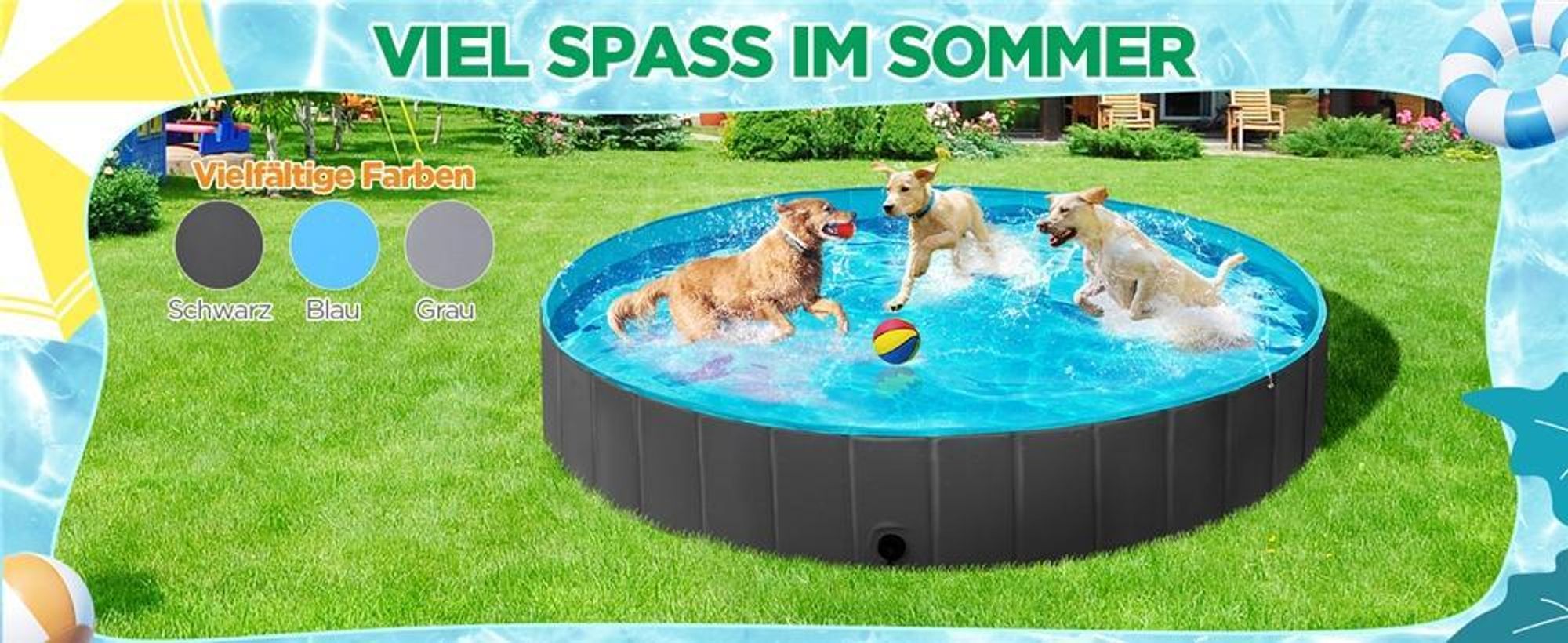 Yaheetech Faltbare Hundepool ⌀100 cm, Planschbecken für Hunde, mit Badebürste & 4 Flicken, Anti-Rutsch Hundebadewanne aus PVC, Schwarz