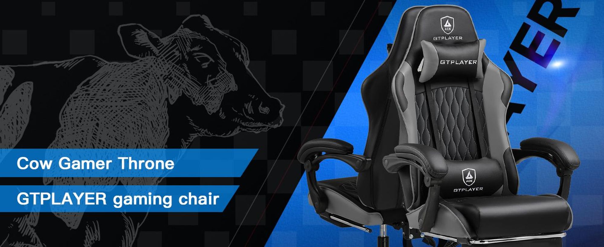 GTPLAYER Herní židle Gamer Chair, ergonomická kancelářská židle s podnožkou, herní křeslo s nosností 150 kg, opěrkou hlavy a bederní opěrkou šedá