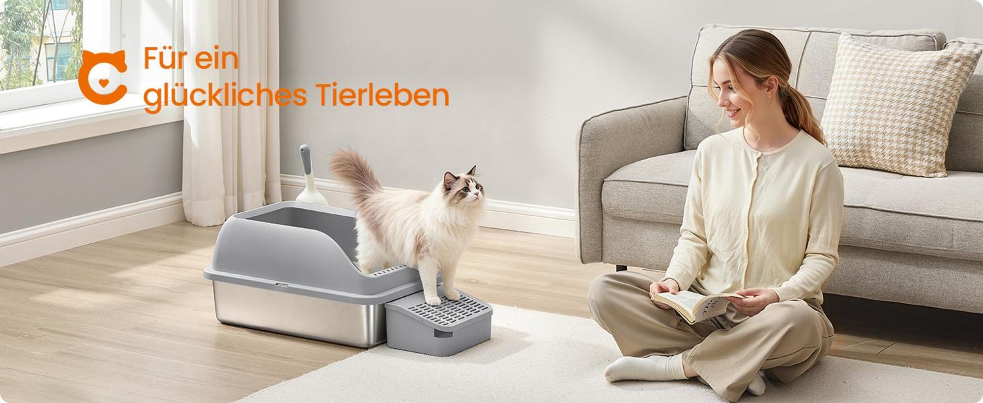 Feandrea Katzenklo Edelstahl, Katzentoilette, offenes Design, mit hohen Seitenwänden, Trittstufe, Schaufel, Bürste, für Katzen bis zu 15 kg