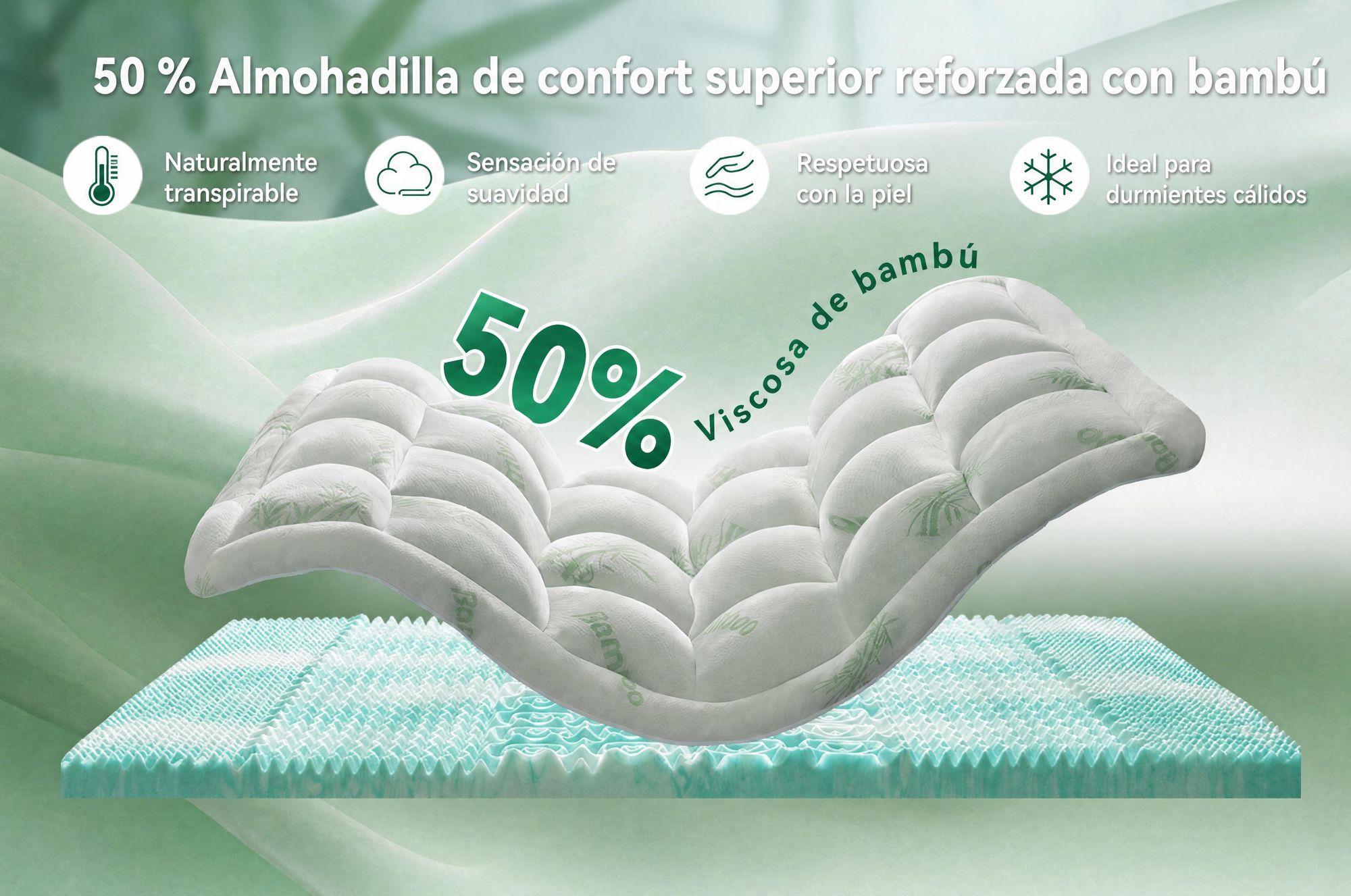 NicePlus, colchón de arriba de 2 en 1, 90x200x7 cm, espuma viscoelástica de 5 zonas + acolchado superior de bambú, con elásticos en las esquinas para adaptarse a todos los colchones, firmeza H2/H3, color verde