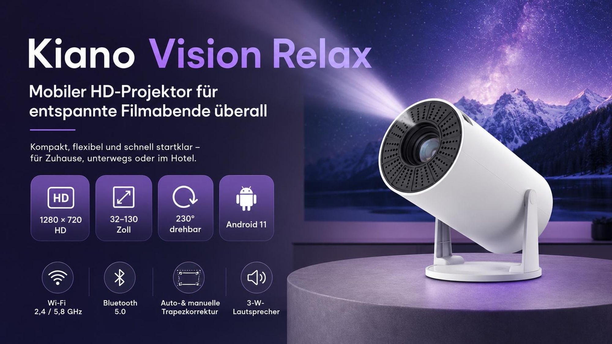 Kiano Relax Projektor Mini Tragbarer Beamer Smart TV, Trapezkorrektur, 1280x720, Android/iOS, 140 ANSI, Android, DLNA, Wi-Fi