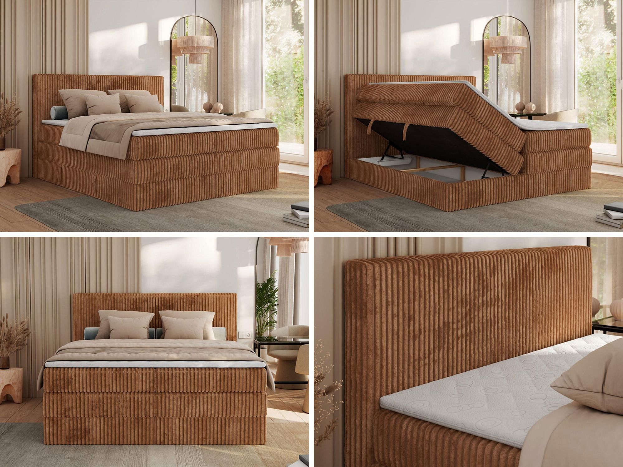 Stilvolles Bett mit Stauraum und weichem Kopfteil.