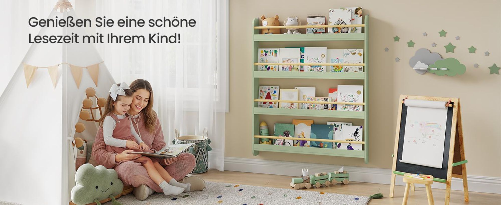 SONGMICS Bücherregal Kinder, Kinderregal mit 4 Ebenen, Spielzeugregal, Wandregal, grün-naturfarben