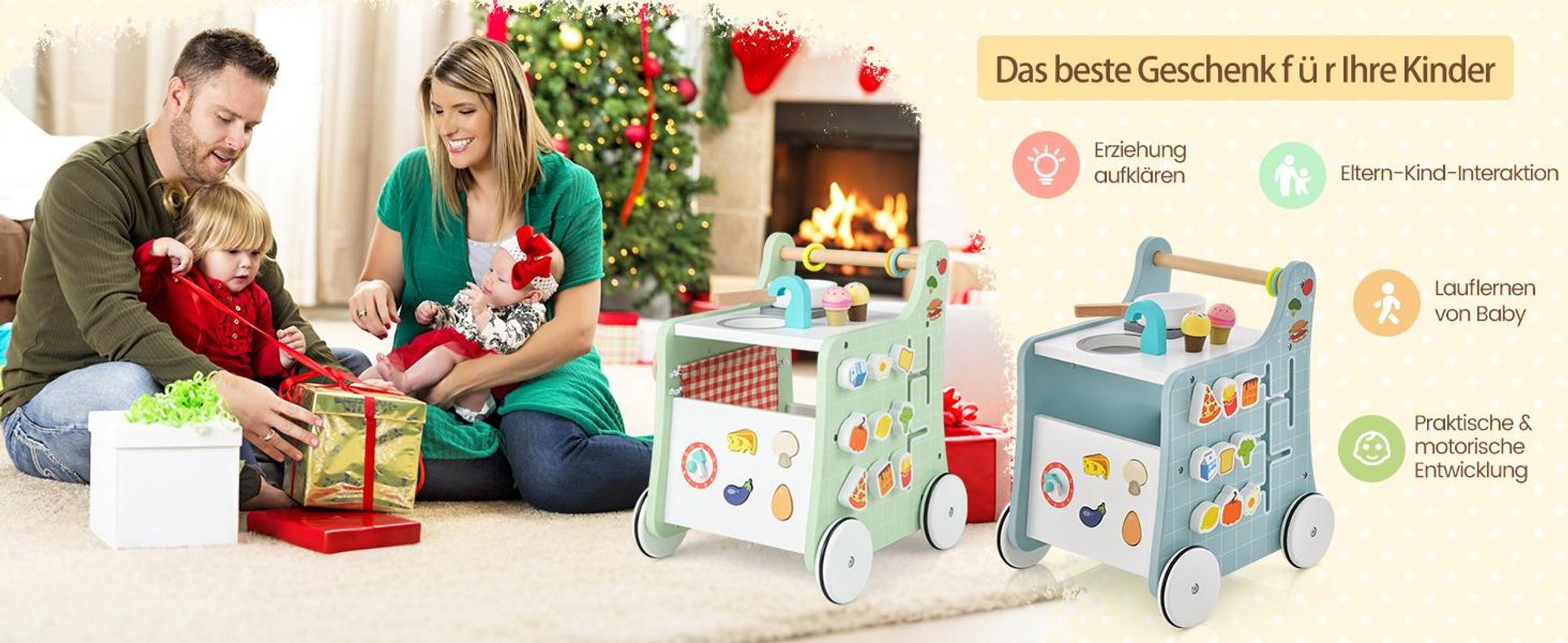 COSTWAY 6 in 1 Lauflernhilfe aus Holz, Lauflernwagen mit Spielküche, Lernuhr, Formanpassung & beweglichem Schieber, Lernspielzeug Aktivitätszentrum mit Rädern für Kinder ab 1 Jahr