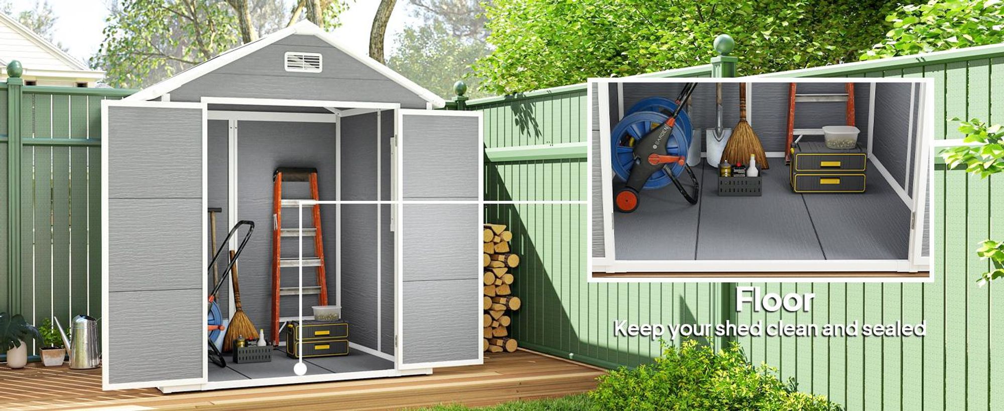 Szopa ogrodowa Outsunny 2,4 m², wodoodporna, z dachem dwuspadowym, 182 x 151 x 219/181 cm, domek narzędziowy z zamykanymi drzwiami i oknem, plastikowy garaż na rowery do ogrodu, na podwórko, szary