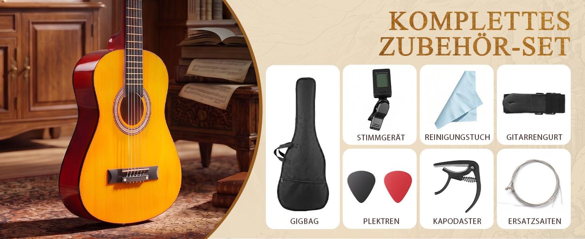 LEADZM Gitarre 3/4 Akustikgitarre für Anfänger Kinder Erwachsene, Nylonsaiten Konzertgitarre Starter Set, 30Zoll,Gelb