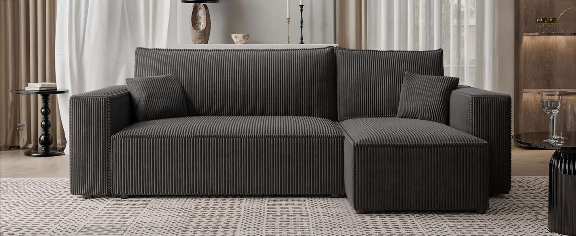 Idohome - PARIS L Ecksofa mit Schlaffunktion und Bettkasten 244x145 cm – universell – Modernes Schlafsofa & Couchgarnitur Farbe: Schwarz Poso 135