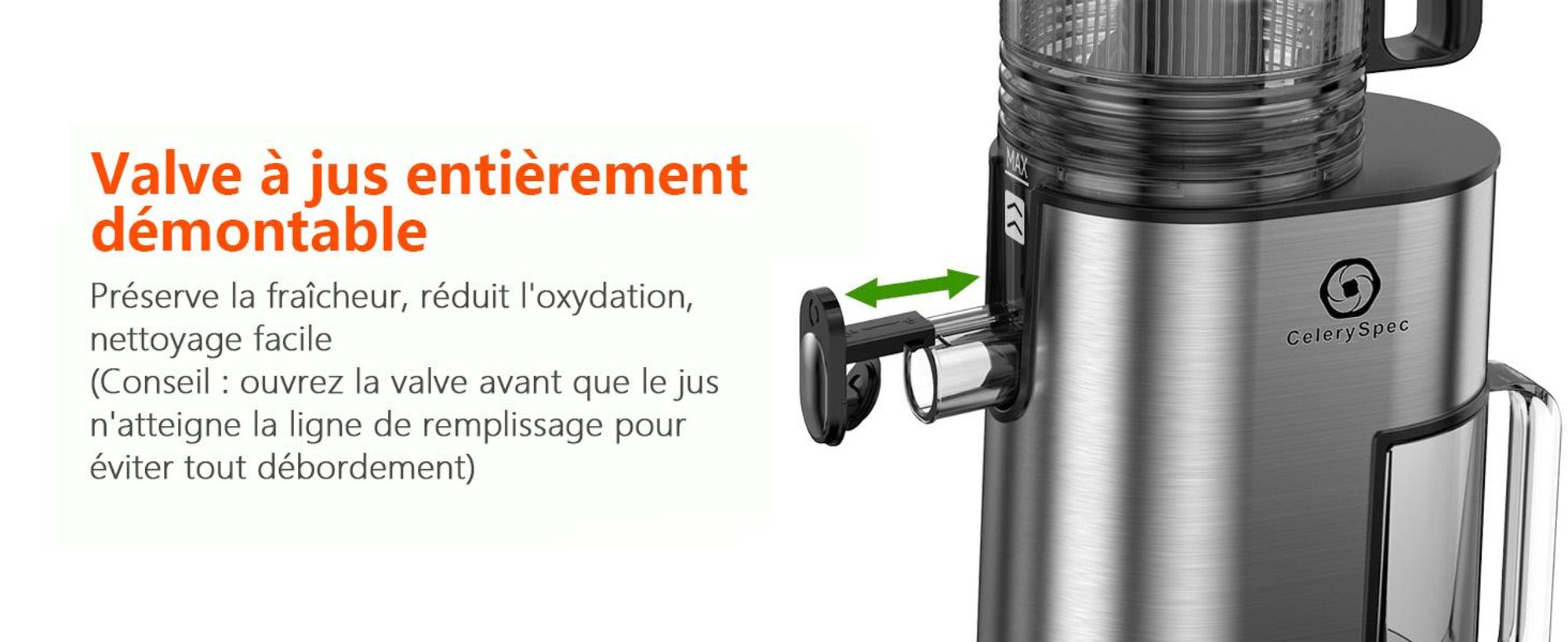CelerySpec SJ-048-EU-SS Centrifugeuse - Pour légumes et fruits entiers Puissance 250W Capacité 1.8L Extracteur de jus Matériau alimentaire - Argenté
