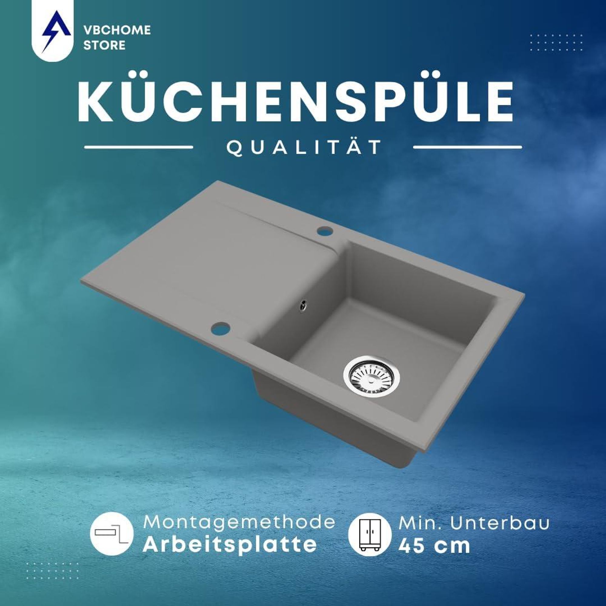 VBChome Granitspüle 76 x 44 cm Grau mit Armatur Einzelbecken Einbauspüle Reversibel Gesprenkelt Pflegeleichtes Spülbecken mit Siphon