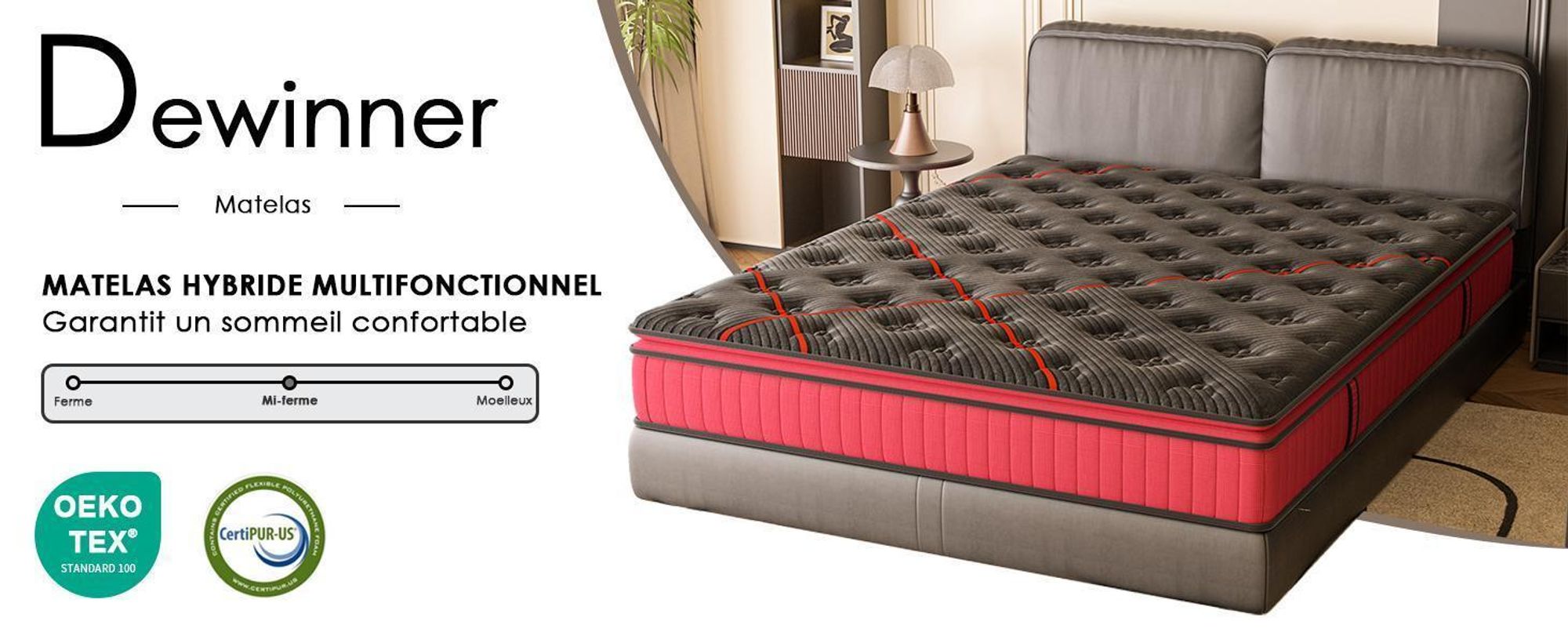 DEWINNER Ensemble Matelas et Sommier 160x200, Surmatelas Épaisseur 30 cm, Fermeté Moyenne, Sommiers à Lattes avec 9 Pieds pour Adulte, 2x16 Lattes