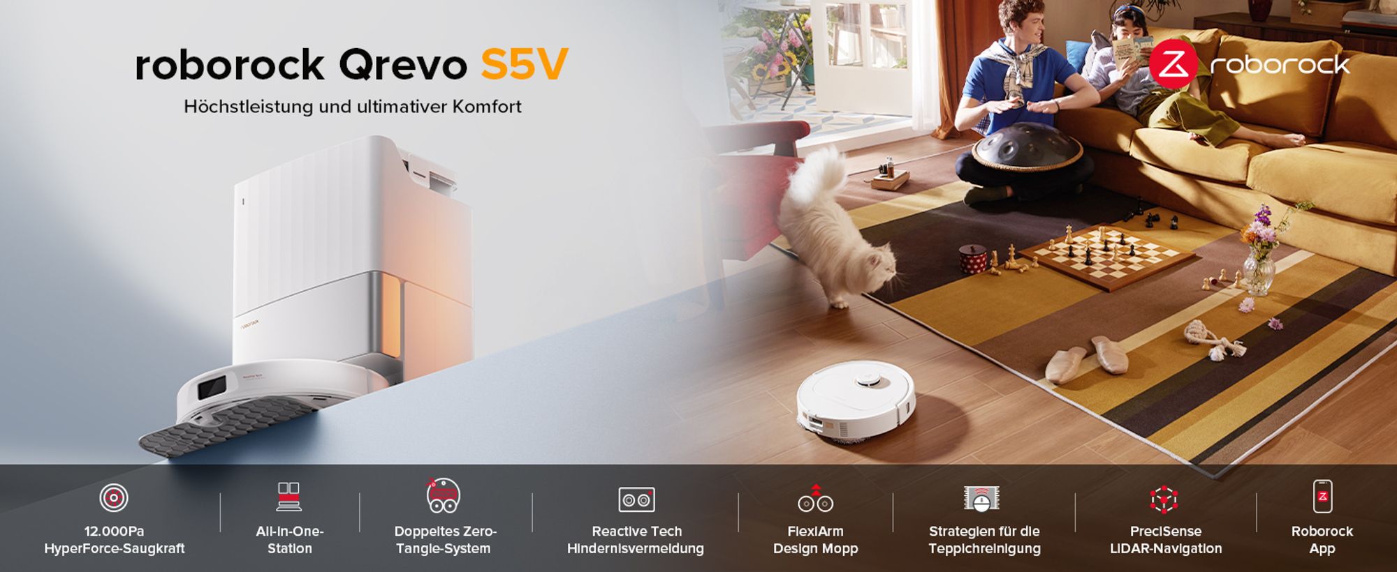 Roborock Qrevo S5V Staubsauger Roboter 12.000 Pa (Upgrade von S7 Pro Ultra), Zero-Tangle System, Multifunktions-Dock,PreciSense-LiDAR-Navigation, Weiß